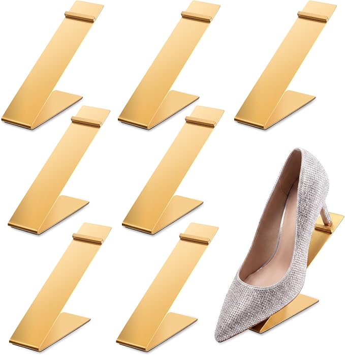 Therwen 8 Pcs Gold Shoe Display Stand Shoe Rack Stainless Steel Golden Metal Riser High Heel Display Rack Holder for Home Shopping Malls (Shape V,Golden)