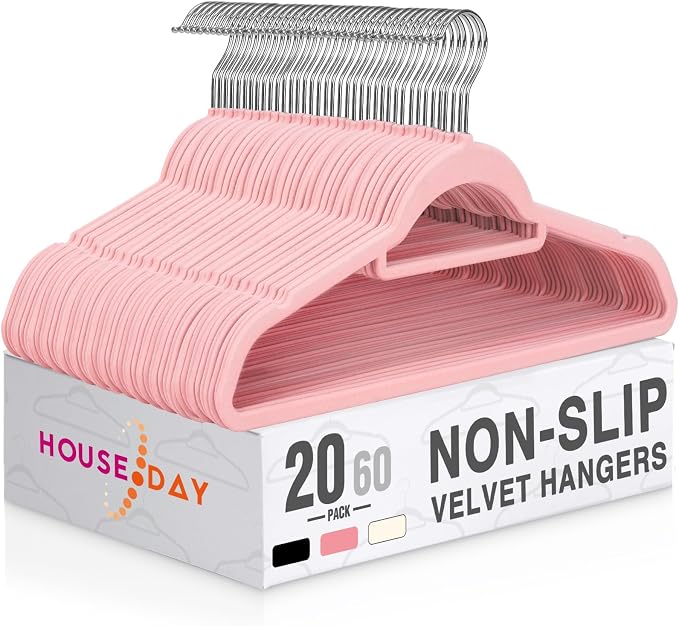 HOUSE DAY Premium Velvet Hangers 20 Pack, Non-Slip Hangers with Tie Bar | Elegance Pink Standard Clothes Hanger Slim Felt Hanger with 360° Swivel Hook for Closet Organized Storage，72g/Pc