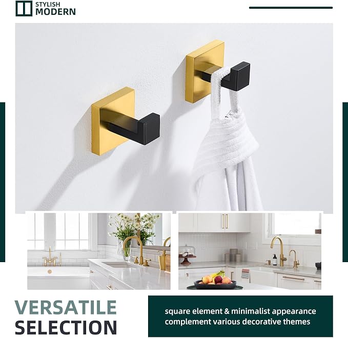 Angle Simple Towel Hook Black & Gold 2 Pack, 304 Stainless Steel Coat Hook, Robe Hook Bathroom