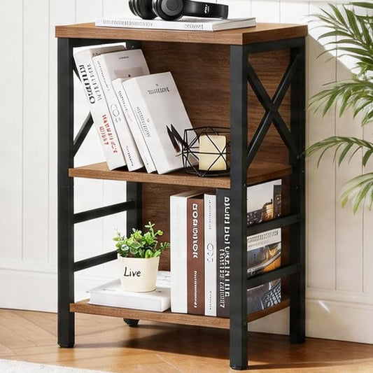 MNEETRUNG Book Shelf, Small 3-Tier Industrial Bookshelf with Strong Metal Frame & Backboard, 15.7" Short Bookcase for Small Spaces, Living Room, Bedroom and Home Office, Brown