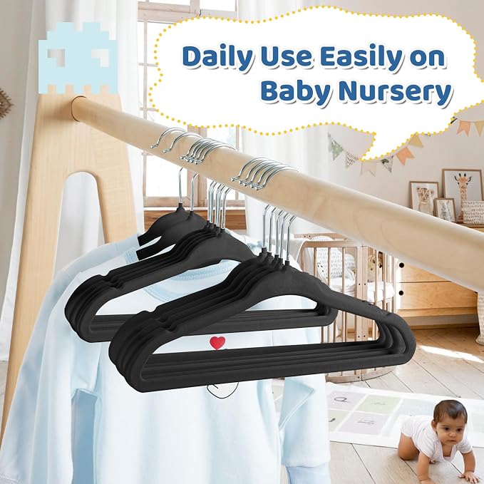 Smartor Premium 11 Inch Baby Hangers 50 Pack, Kids Velvet Hanger, Non Slip | Black Space Saving Felt Hangers Clothes Organizers for Closet with 360° Swivel Hook for Children, Infant & Toddler