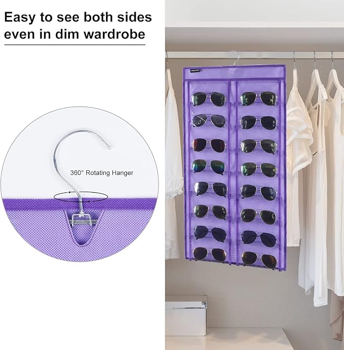 Dual Sided Hanging Sunglasses Organizer Wall Eyeglass Holder Sunglass Rack for Home with 32 Dust Proof Pockets (32 Pockets-Purple)