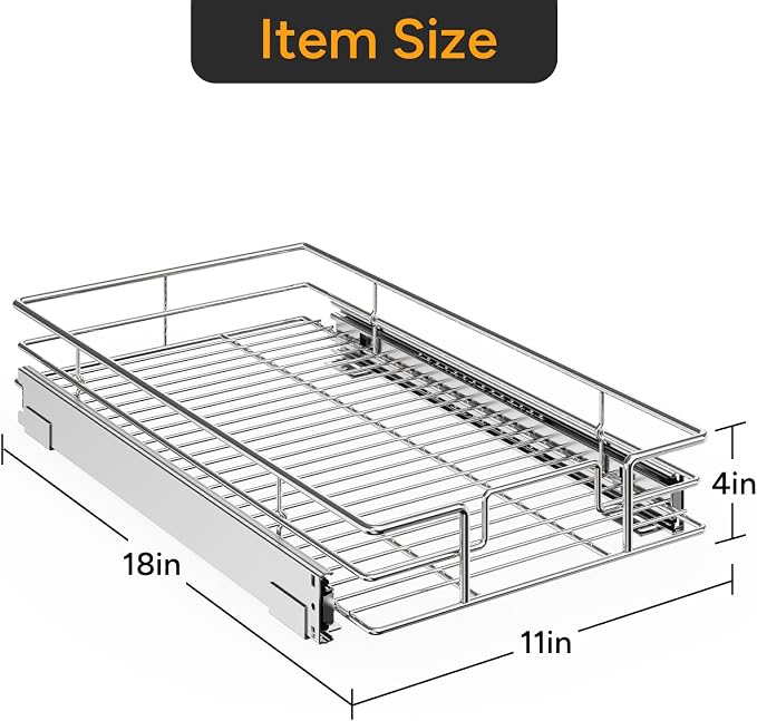 ROOMTEC Pull Out Cabinet Organizer(11" W x 18" D),Heavy Duty Slide Out Shelves,Pull out Drawers for Kitchen Cabinet,Base Cabinet Organization for Home, Kitchen, Bathroom