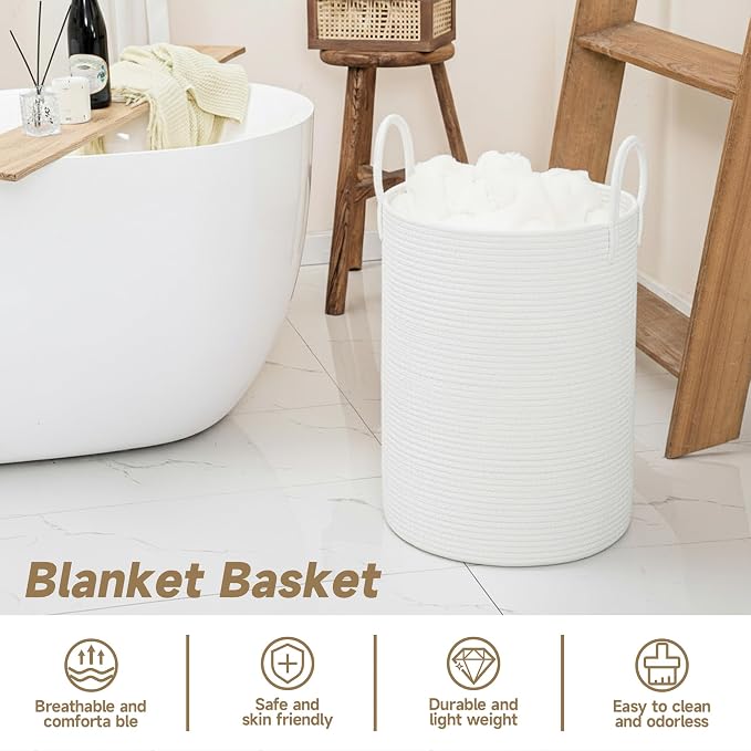 CLHMILY&Z Laundry Hamper Round Storage Rope Basket (White, 60L)