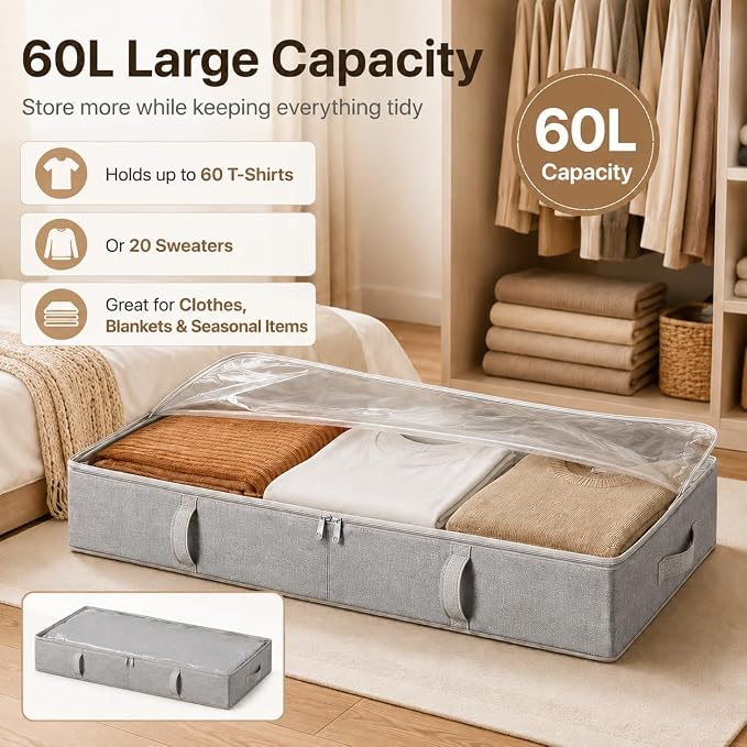 Vailando Storage Containers, 8 Inches Tall 80L Underbed Storage Bins with Sturdy Handles and Sidewalls, Closet Organizer for Clothes, Blankets, Seasonal Items, Light gray, 2-Pack