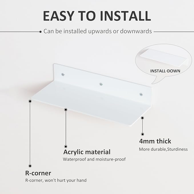 4 Pack White Acrylic Floating Shelves 15 Inches, Wall Hanging Bathroom Shelves, Wall Organizer Shelf for Kitchen, Living Room, Bathroom, Retail, Supermarket, 4 Pack