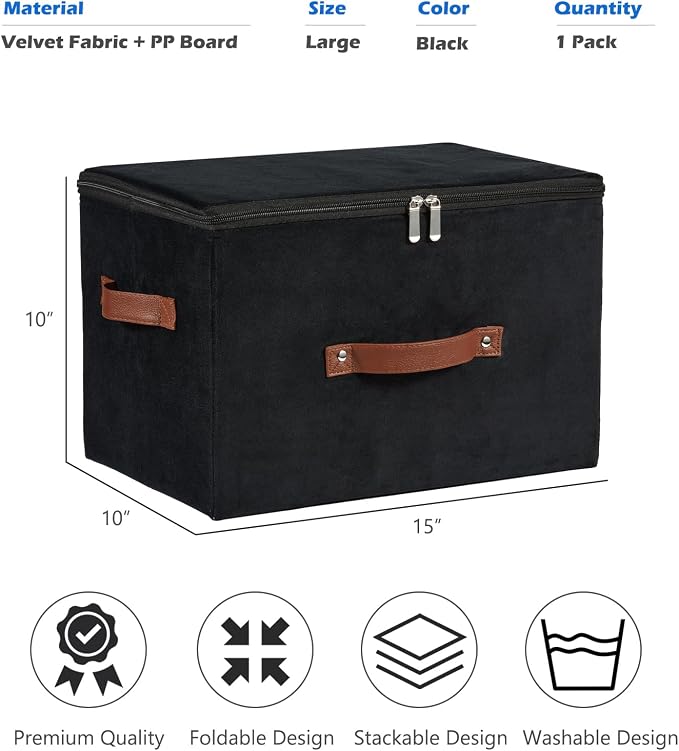 Storage Bins with Zipper Lid Velvet Fabric Storage Boxes Lidded Baskets Foldable Washable Decorative Closet Shelf Clothes Organizer Container with PU Leather Handles (Black, Large)