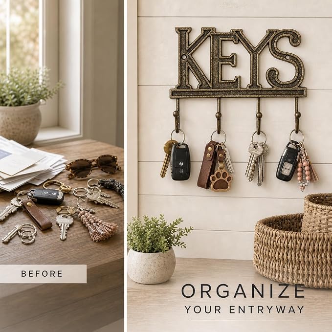 Comfify Gold-Black Cast Iron Key Holder for Wall – Keys Sign with 4 Hooks | Warm gold with black antique finish; mounting hardware included; entryway, hallway or door; 6"H x 8"L; holds 8 keychains