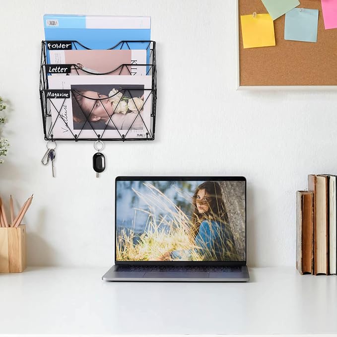 3 Tier Wall File Holder Organizer, Hanging File Organizer, Magazine Rack, Wall Mount Paper Folder Holder, with 5 Key Holder Hooks,Metal, Black