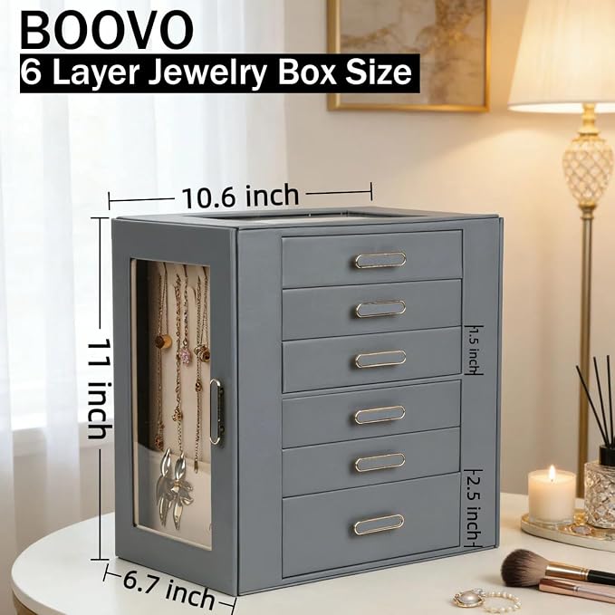BOOVO Clear Lid Jewelry Box,6 Layers Jewelry Organizer Large Jewelry Storage Box with 6 Drawers,Jewelry Holder Organzier of Rings Earrings Necklace Bracelets for Women (Grey, 6 Layer)