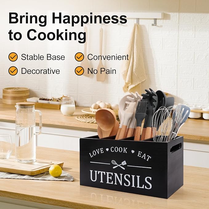 Black Extra Large Wood Cooking Utensil Holder Kitchen Spatula Spoon Holder | Wooden Utensils Caddy for Kitchen Countertop Organizer Rustic Decor Kitchen Counter Tool Holder Farmhouse Utensil Crock