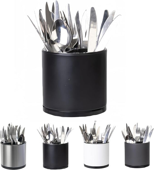 LIBODOUR Silverware Organizer Kitchen Utensil Holder 360°Rotating For Counter Organizer Stainless Steel Storage Silverware Caddy 3 Compartment Flatware Spoon Spatula Tool Cutlery Container(Black)