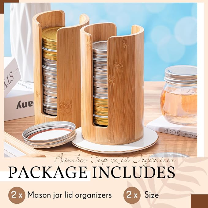 Suclain 2 Pcs Mason Jar Lid Organizer (Wide Mouth & Regular Mouth) Bamboo Vertical Mason Jar Lid Storage Accessories Tumbler Lids Holder Cup Lids Organizer for Home Kitchen Countertop Cupboard