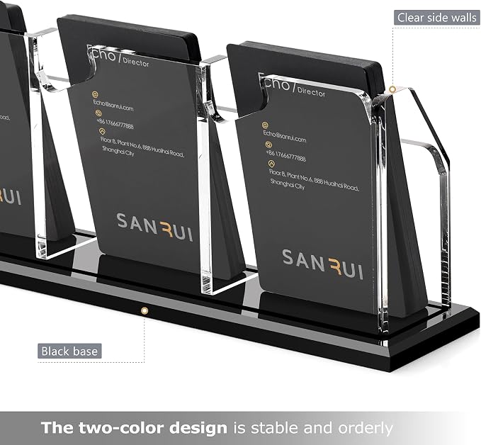 SANRUI Black Vertical Business Card Holder for Desk 3 Slot 1 Tier, Clear Acrylic Name Card Stand for Women and Men, Desktop Organizer Display for Office Home Exhibition - 180 Card Capacity 1 Pack