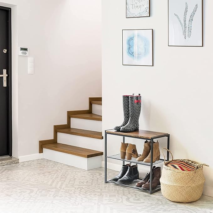 IRIS USA 3-Tier Shoe Rack, Up to 6 Pairs, Shoe Bench for Front Door Entrance, Entryway, Mudroom Bench, Shoe Organizer for Closet, Shoe Storage Shelf, Modern Wood and Metal Shoe Rack Bench