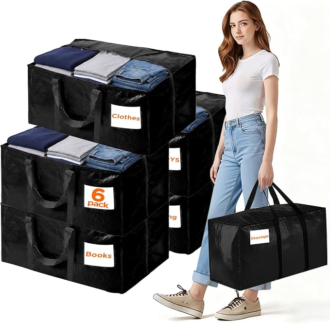 BETU 6 Pack Moving Bags Moving Storage College Dorm Camping Packing Travel PE Heavy Duty, Sturdy Handle, Zipper Large Storage Tote Bag Moving Boxes Box Alternative - Black 29L x 14W x 13H