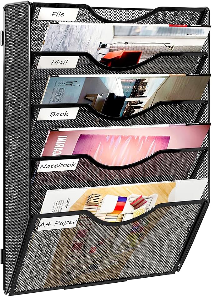 PAG Hanging Wall File Holder, 5 Tier Mail Sorter for Wall, Mesh Office Wall Organizer For Papers/Folders/Files Clipboard & Magazine, Black