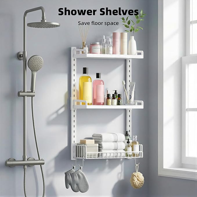 Kalrin 3 Tier Bathroom Shelves Over Toilet - Wall Mounted Floating Shelves with Drain Basket, Toilet Paper Storage, Height Adjustable Over The Toilet Storage, Pure White