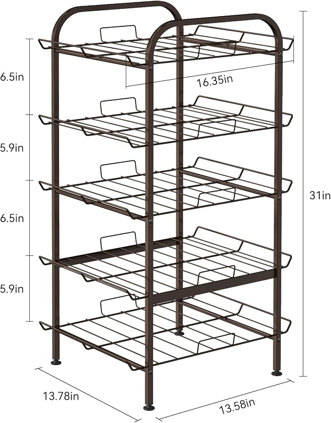 smusei 5 Tier Water Bottle Organizer Vertical Free Standing Storage Shelf Metal Beverage Rack Dispenser Large Capacity Bottled Water Holder Stand for Kitchen Party Pantry, Bronze