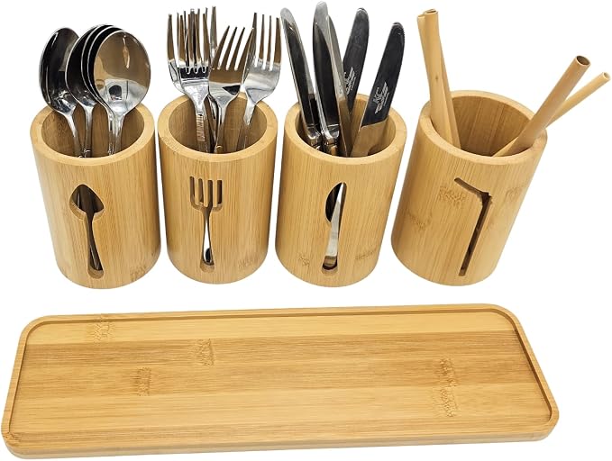 Bamboo Cutlery Holder Set - 4 kitchen Utensils Holder with Bamboo Tray | Decorative kitchen countertop Cutlery Stand | Utensil holder - knife, fork Spoon and Straw holders
