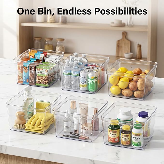 MOONEDGE 4PCS 10x10x6 Clear Plastic Cube Storage Bins with Handles,Open-Top | Acrylic square organizer containers for closet,pantry,fridge,kitchen,bathroom,laundry,under-sink and cabinet organization