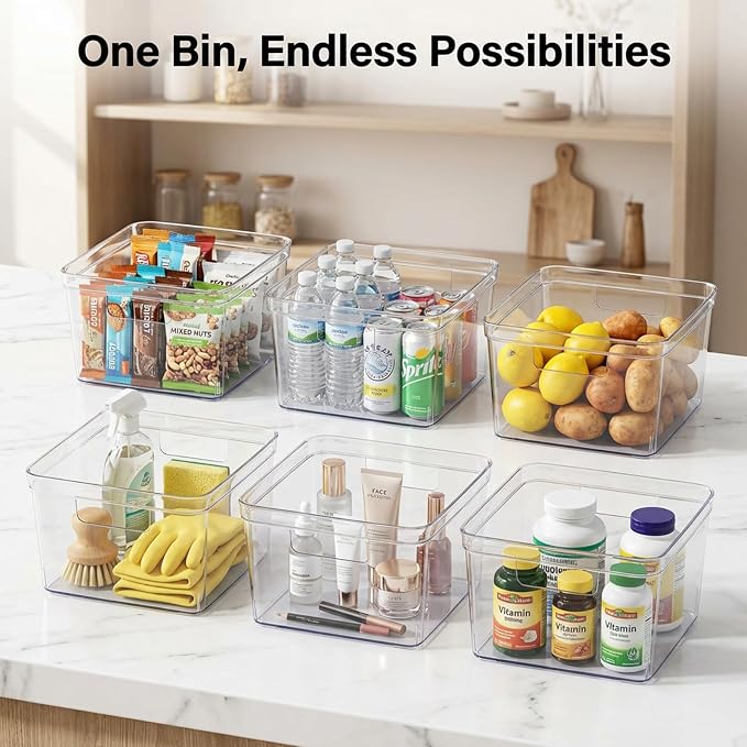 MOONEDGE 8PCS 10x10x6 Clear Plastic Cube Storage Bins with Handles,Open-Top | Durable square organizer containers for closet,pantry,kitchen,fridge,playroom,bathroom,under-sink and all-in-one organization