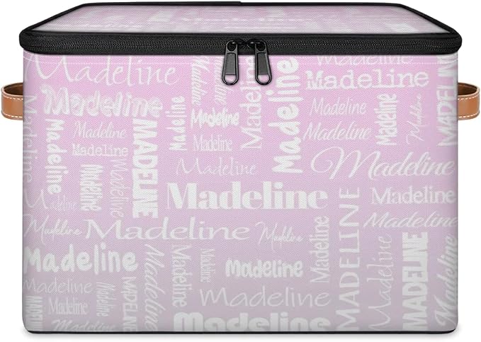 Custom Storage Basket with Name, Personalized Keepsake Box with Zipper Lid, Foldable Fabric Memory Bin Large capacity with Handle Grey Pink Gradient