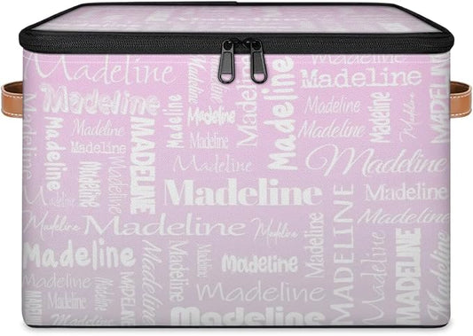 Custom Storage Basket with Name, Personalized Keepsake Box with Zipper Lid, Foldable Fabric Memory Bin Large capacity with Handle Grey Pink Gradient