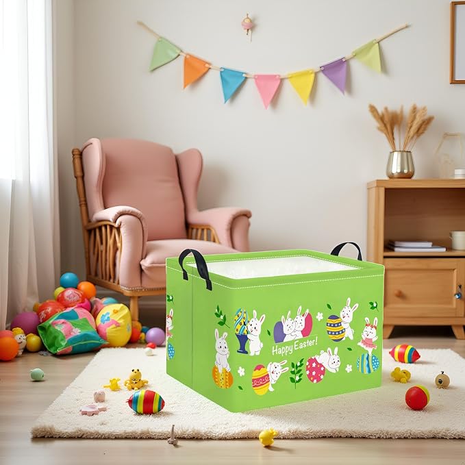 Rectangular Easter Basket Easter Gift Basket for Kids Baby Storage Basket Cute Toy Storage Bin Organizer Shelf Book Basket Easter Room Decor(Green Easter Basket)