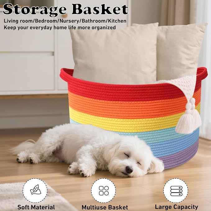 65L Large Blanket Basket,19.7" L x 19.7" W x 13" H Rope Woven Baskets with Handles, Toys Storage Bins,Laundry Basket Perfect for Living Room, Nursery,Bedroom,Home Organization,Rainbow