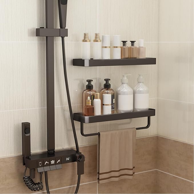 Danpoo 16-Inch Black Floating Bathroom Shelves with Towel Bar， Clear Tempered Glass Wall Shelf 2-Pack – Versatile Bathroom Organizer Set