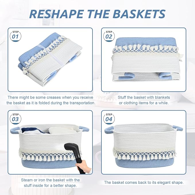 2 Pack Storage Basket, Heavy Tassel Woven Baskets for Storage, Boho Cotton Rope Storage Bin, Cube Organizer Bins, Baby Laundry Basket for Clothes, Toys, Diapers, Pets（White & Blue）