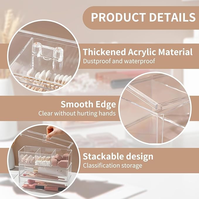 Acrylic Makeup Organizer Cosmetic Storage Display Case Makeup Brush Cotton Ball Pads Swab Q-tip Holder Lipstick Dispenser Canister Bathroom Container (9.2x3.7x3.5in, 1 Tier, Clear)