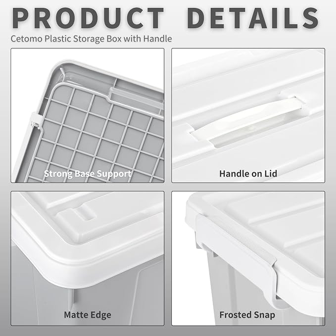 Cetomo Lidded Storage Bin with Handle, Tote Organizing Container with Durable Lid and Secure Latching Buckles, Stackable and Nestable, Plastic, 50 Quart-3 Pack, Gray