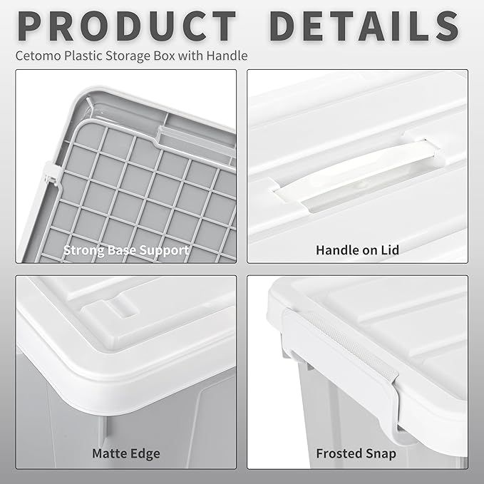 Cetomo Lidded Storage Bin with Handle, Tote Organizing Container with Durable Lid and Secure Latching Buckles, Stackable and Nestable, Plastic, 16 Quart-3 Pack, Gray