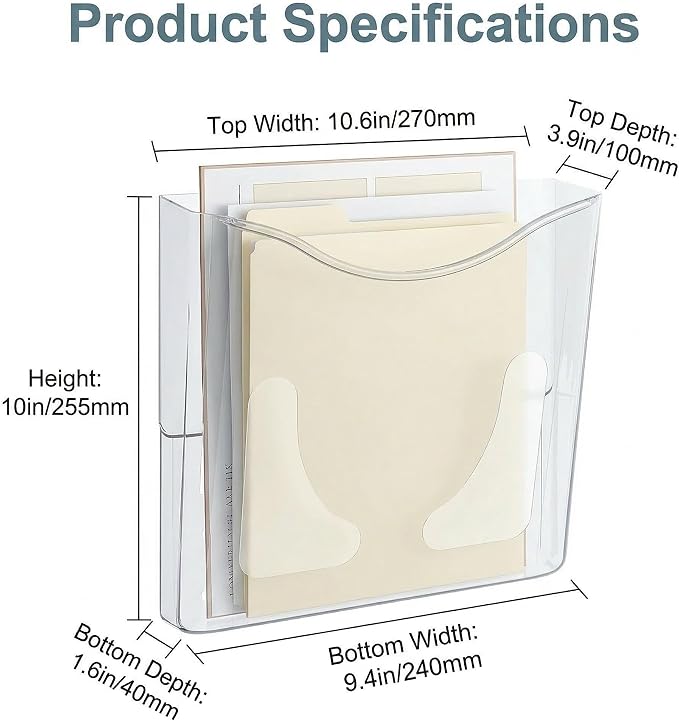 PAG 6-Pocket Clear Wall Mount File Organizer for Office, Vertical Hanging Document Paper Folder Holder for Home, Letter Size Mail Sorter, Transparent Magazine Literature Rack with Mounting Hardware