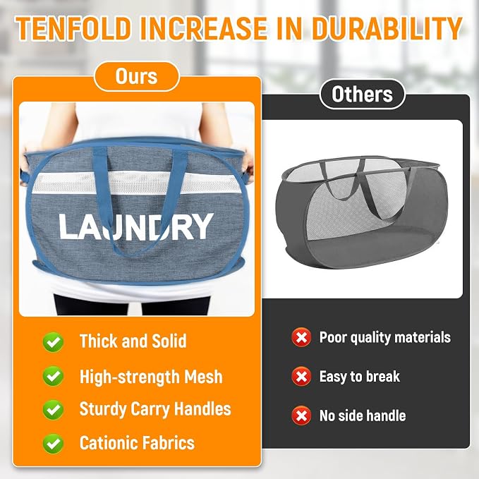 Collapsible Laundry Baskets with Lid, Foldable Clothes Hamper with Reinforced Handles, Sturdy Pop Up Hampers for Laundry, Tear Proof & Easy to Carry Laundry Hamper for Home, Dorm, Travel Blue