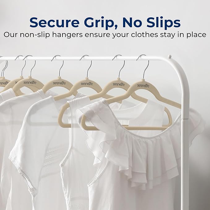 SereneLife Velvet Hangers – 200 Pack, Slim & Space Saving for Closets | Soft velvet grip prevents slipping on silk, satin & knitwear – 360° swivel hook fits all standard closet rods