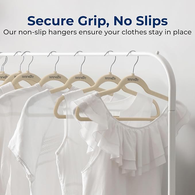 SereneLife Velvet Hangers – 100 Pack, Slim & Space Saving for Closets | Soft velvet grip prevents slipping on silk, satin & knitwear – 360° swivel hook fits all standard closet rods