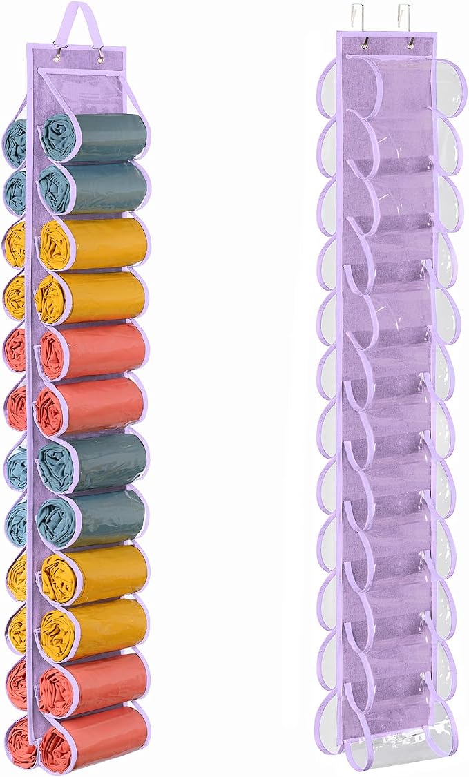 Lirex Hanging Yoga Legging Storage Organizer with 24 Pockets, Foldable Oxford Cloth Hanging Closet Organizer Shirts Jeans Storage Hanger Socks Holder for Family Closet Bedroom, Purple