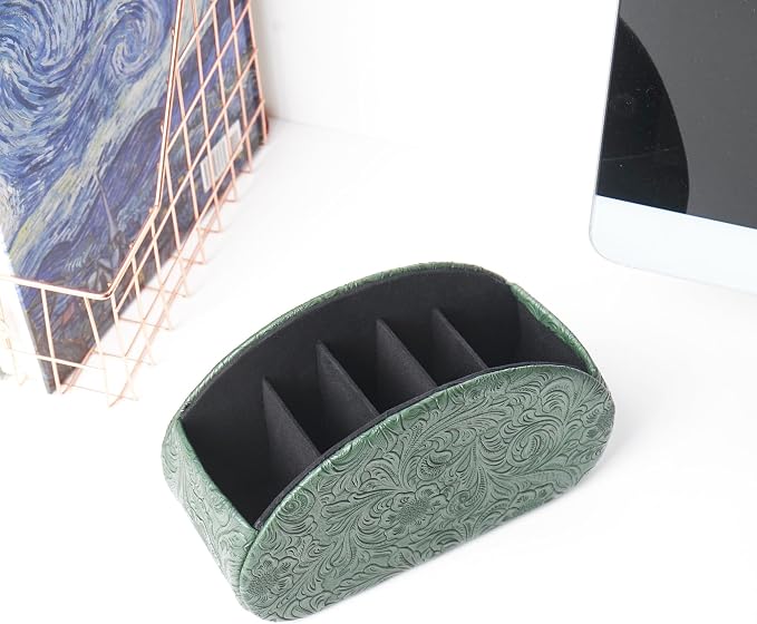 Remote Control Holder, PU Leather Remote Caddy Desktop Organizer with 5 Spacious Compartments for TV Remotes/Media Controllers/Office Supplies (1-Carved3 Green1