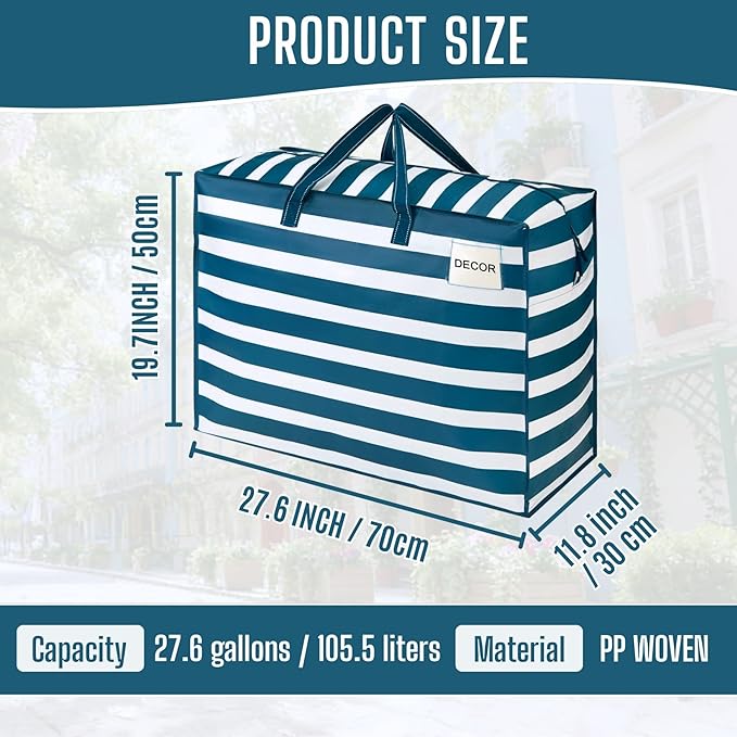 VENO 4 Pack Heavy Duty Moving Bags, Storage Bags, Packing Supplies, Top Zipper, Storage Totes for Camping, Clothes, Bedding, Comforters, Pillows (27 Gallon, Classic Navy Stripe, 4 Pack)