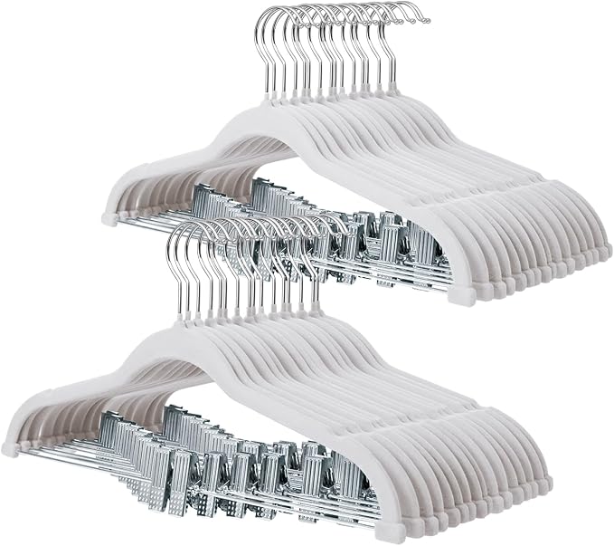 ManGotree Pants Hangers with Movable Clips, Non-Slip Velvet Skirt Hangers, Space-Saving Clothes Hangers for Pants, Skirts, Shirts, Coats, Dresses (32 Pack, White)