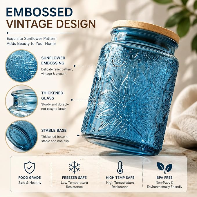 ANSQU 4-Pack Vintage Glass Canisters, 23.7 Fl oz Candy Jars with Lids, Vintage Colored Mason Jars for Kitchen Decorative Jar for Coffee Tea Candy Cookies, Cute Jars