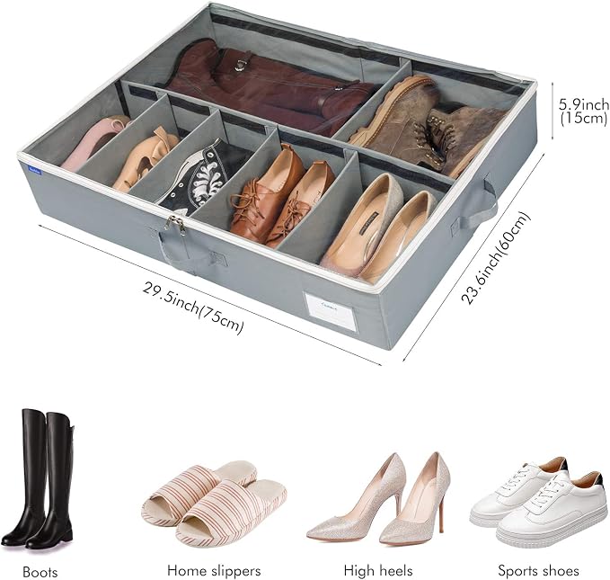 Surblue Shoe Storage Organizer Under Bed Adjustable Dividers Oxford Container Closet Storage Solution with Clear Cover and Handle for Clothing Boots Blankets Sweaters Toys,10 Pairs