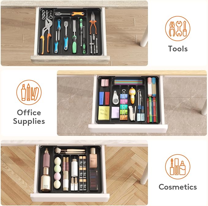 Lifewit Silverware Organizer for Drawer, Expandable Utensil Tray, BPA-Free Adjustable Cutlery Holder for Kitchen Storage, 8.1-13.9 x 11.3, Black