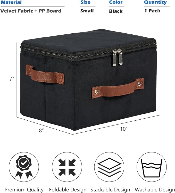 Storage Bins with Zipper Lid Velvet Fabric Storage Boxes Lidded Baskets Foldable Washable Decorative Closet Shelf Clothes Organizer Container with PU Leather Handles (Black, Small)