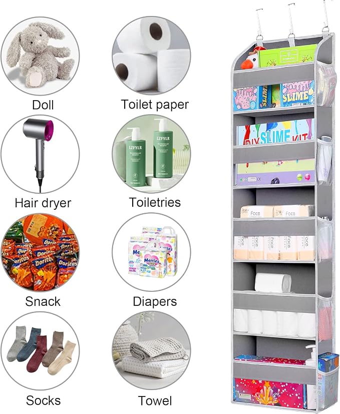 TAHAVICE 2 Pack Over the Door Storage Organizer, 5 Large & 10 Mesh Pockets | Hanging Storage Organizer with 40lb Capacity and Door Storage Space Saving for Bedroom,Bathroom,Nursery,Babyroom(Light Gray)