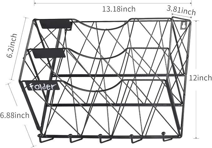 3 Tier Wall File Holder Organizer, Hanging File Organizer, Magazine Rack, Wall Mount Paper Folder Holder, with 5 Key Holder Hooks,Metal, Black