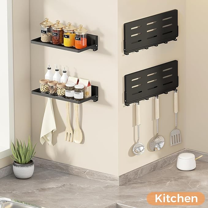 Small Folding Metal Shelf with Hooks, RV Fold-Down Wall Shelf, 6 Hooks, Drop Down Floating Shelf for Laundry Room, Kitchen, Bedside, Toilet Room, Bathroom, Utility, Black（11.8", 1 Pack）